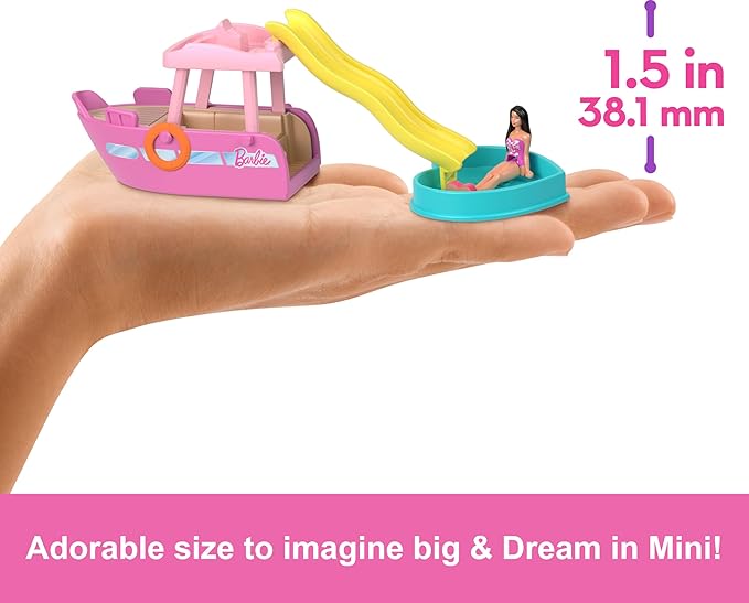 Barbie Mini Barbieland Color Changing Boat with Water for Minifigures with Small Brunette Doll and Slide, Toy +4 Years