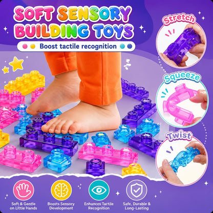 40 PCS Magic Gummy Building Blocks for Kids 3+ Years, Soft Stretchable Squeezable Transparent Sensory Stacking Construction Blocks, Montessori STEM Learning Brick Toy Gift for Boys & Girls
