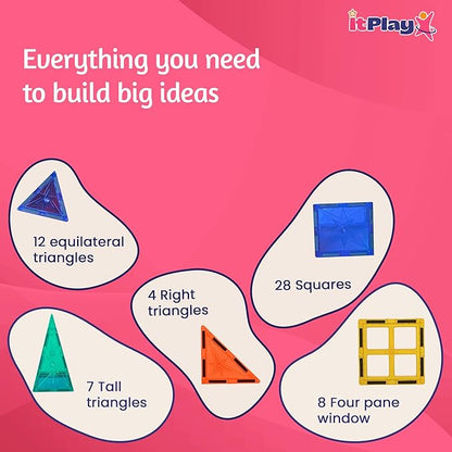 ITPlay Magnetic Tiles 59 Pcs Building Set for Kids | STEM & STEAM Learning Toy | Strong Magnetic Tiles | 2D & 3D Construction Shapes | Safe BPA-Free Educational Toys | Creative Play Set | Age 3+
