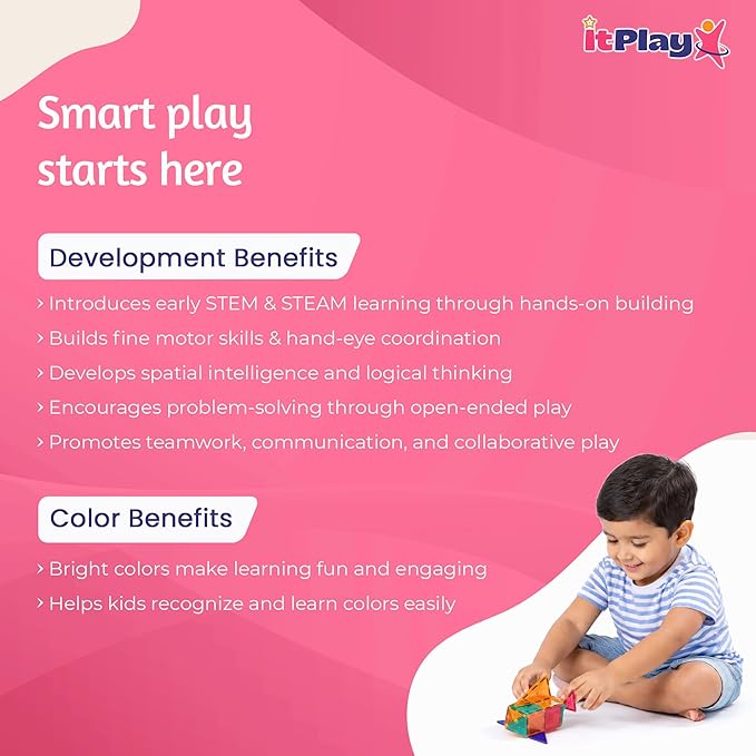 ITPlay Magnetic Tiles 34 Pcs Building Set for Kids | STEM & STEAM Learning Toy | Strong Magnetic Tiles | 2D & 3D Construction Shapes | Safe BPA-Free Educational Toys | Creative Play Set | Age 3+
