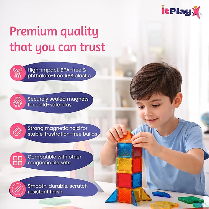ITPlay Magnetic Tiles 68 Pcs Building Set for Kids | STEM & STEAM Learning Toy | Strong Magnetic Tiles | 2D & 3D Construction Shapes | Safe BPA-Free Educational Toys | Creative Play Set | Age 3+