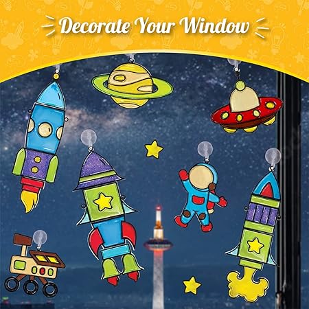 Imagimake Window Art - Rocket - 16 Pieces Glass Painting Set - Astronaut, Rover, Space Designs - Craft Kit for Boys & Girls 5 Years & Above, Multicolor