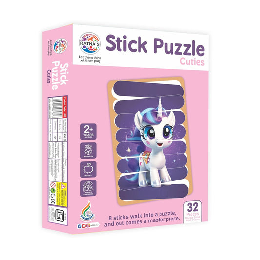 Ratna's Stick Puzzle Cuties Pack of 8 Framed Puzzles, 32pcs Double Sided Wooden Stick Puzzles Educational Toy for Kids 2+ Years