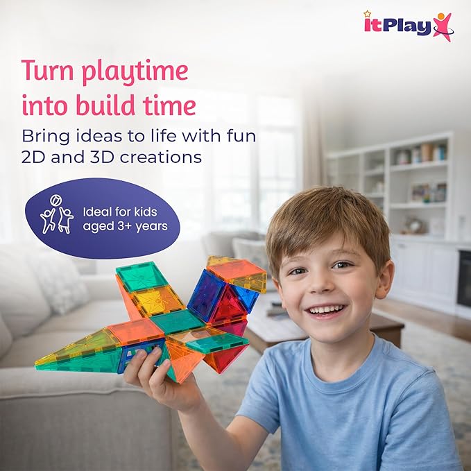 ITPlay Magnetic Tiles 59 Pcs Building Set for Kids | STEM & STEAM Learning Toy | Strong Magnetic Tiles | 2D & 3D Construction Shapes | Safe BPA-Free Educational Toys | Creative Play Set | Age 3+