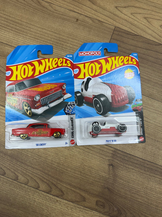 SINGLE HOTWHEELS CAR- 55 CHEVY AND PASS N GO WHITE
