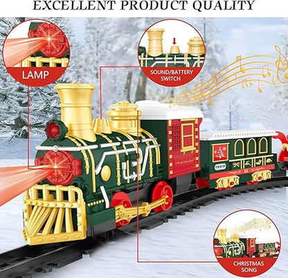 Christmas Rail Train Set, with Realistic Sound, Lighting, Tracks, Train Toys, 1 Locomotive+3 Carriages, Suitable for Children, Boys, and Girls 4+ Years Old (No Smokes)