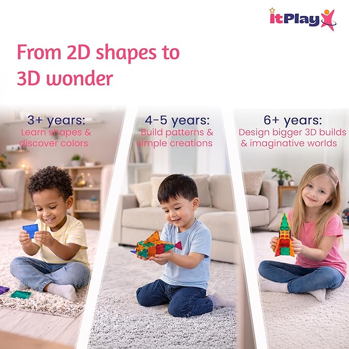 ITPlay Magnetic Tiles 34 Pcs Building Set for Kids | STEM & STEAM Learning Toy | Strong Magnetic Tiles | 2D & 3D Construction Shapes | Safe BPA-Free Educational Toys | Creative Play Set | Age 3+