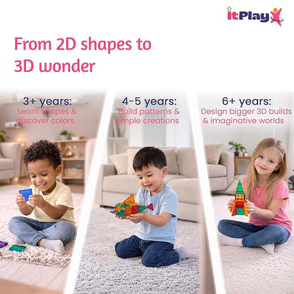 ITPlay Magnetic Tiles 34 Pcs Building Set for Kids | STEM & STEAM Learning Toy | Strong Magnetic Tiles | 2D & 3D Construction Shapes | Safe BPA-Free Educational Toys | Creative Play Set | Age 3+