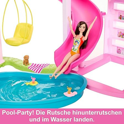 Barbie Dreamhouse, Pool Party Doll House with 75+ Pieces and 3-Story Slide, Pet Elevator and Puppy Play Area