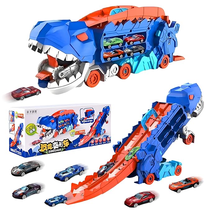 Dinosaur Transport Truck Toy for Boys 2-Layer Transformable Dinosaur Transport Carrier Truck with 2 Diecast Race Cars