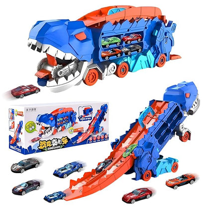 Dinosaur Transport Truck Toy for Boys 2-Layer Transformable Dinosaur Transport Carrier Truck with 2 Diecast Race Cars