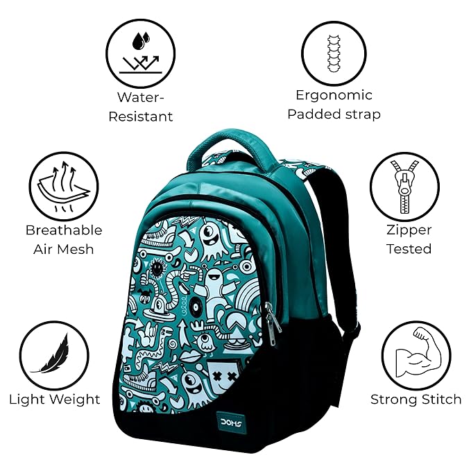 DOMS Waterproof Doodle Print School Bag for Kids & Teens – Stylish Cartoon Design