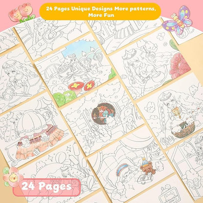 Cartoon Theme Watercolor Colouring Book for Kids -12 Colours Solid with Brush & DIY Coloring Sheets – Art & Craft Activity Book for Boys & Girls, Pack of 1