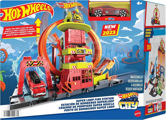 Hot Wheels™ City with 1 Toy Car, Kid-Powered Elevator, Water-Like Ramp, Track-Play Features, Connects to Other Sets, Fire Station with Super Loop