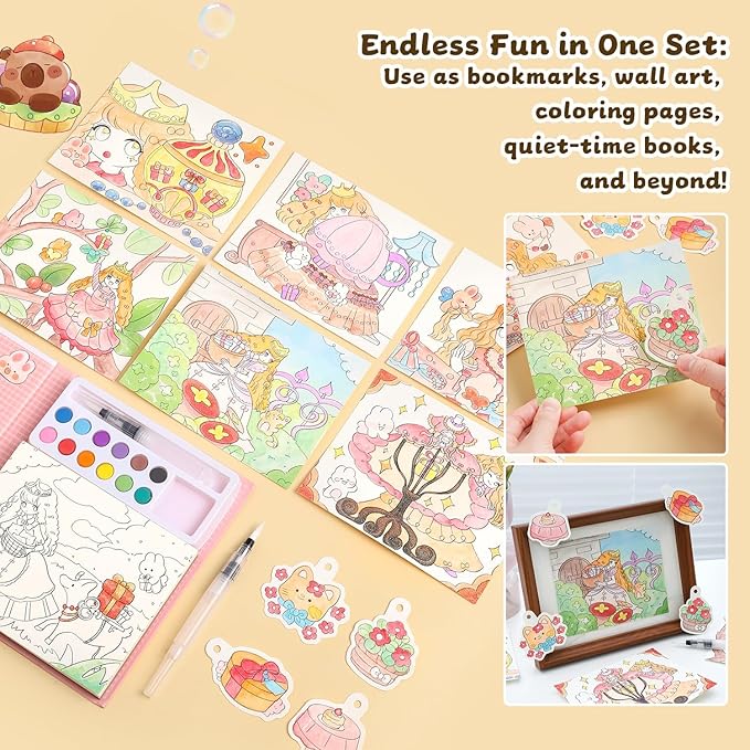 Cartoon Theme Watercolor Colouring Book for Kids -12 Colours Solid with Brush & DIY Coloring Sheets – Art & Craft Activity Book for Boys & Girls, Pack of 1