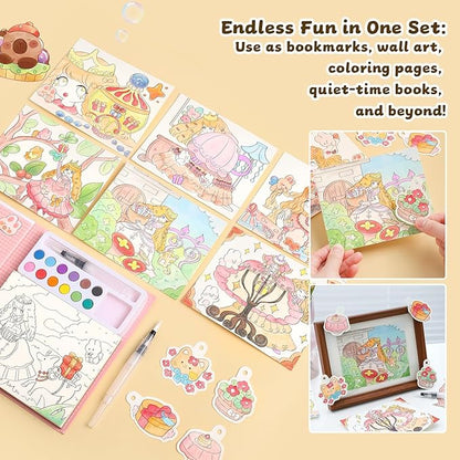 Cartoon Theme Watercolor Colouring Book for Kids -12 Colours Solid with Brush & DIY Coloring Sheets – Art & Craft Activity Book for Boys & Girls, Pack of 1