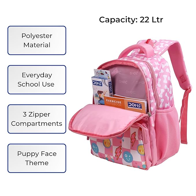 DOMS Waterproof School Bag for Kids – Puppy Face Series | Cartoon Print