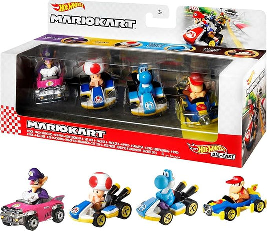 Hot Wheels® Mario Kart™ Vehicle 4-Pack #4, Set of 4 Fan-Favorite Characters Includes 1 Exclusive Model, Collectible Gift for Kids & Fans Ages 3 Years Old & Up