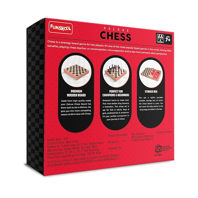 Funskool Games, Deluxe Chess, Wooden Set, War & Strategy, Family Games, Strategy Board Games, Toys for Kids, Wooden Board with Storage Box, Adults & Family, 2 Players, Ages 7 and Above, Multicolour