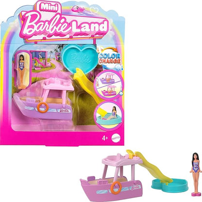Barbie Mini Barbieland Color Changing Boat with Water for Minifigures with Small Brunette Doll and Slide, Toy +4 Years