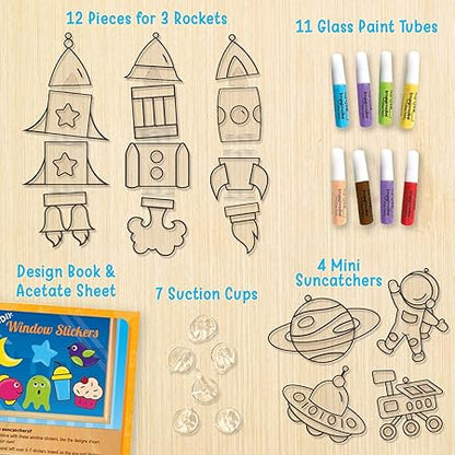 Imagimake Window Art - Rocket - 16 Pieces Glass Painting Set - Astronaut, Rover, Space Designs - Craft Kit for Boys & Girls 5 Years & Above, Multicolor