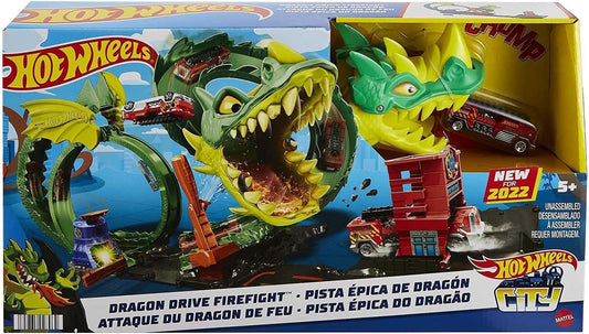 Hot Wheels Track Set with 1:64 Scale Toy Firetruck, City Fire Station with Dragon Nemesis and Track Play, Dragon Drive Firefight