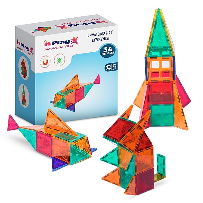 ITPlay Magnetic Tiles 34 Pcs Building Set for Kids | STEM & STEAM Learning Toy | Strong Magnetic Tiles | 2D & 3D Construction Shapes | Safe BPA-Free Educational Toys | Creative Play Set | Age 3+