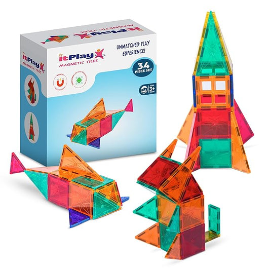 ITPlay Magnetic Tiles 34 Pcs Building Set for Kids | STEM & STEAM Learning Toy | Strong Magnetic Tiles | 2D & 3D Construction Shapes | Safe BPA-Free Educational Toys | Creative Play Set | Age 3+