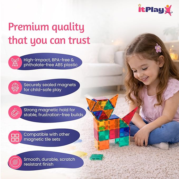 ITPlay Magnetic Tiles 59 Pcs Building Set for Kids | STEM & STEAM Learning Toy | Strong Magnetic Tiles | 2D & 3D Construction Shapes | Safe BPA-Free Educational Toys | Creative Play Set | Age 3+