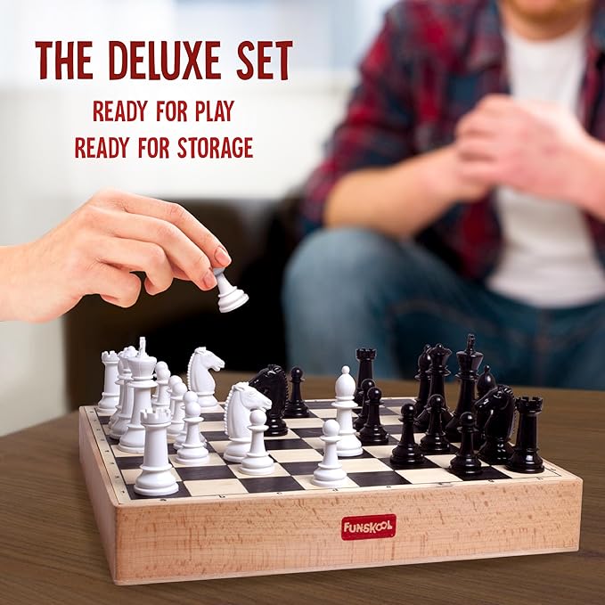 Funskool Games, Deluxe Chess, Wooden Set, War & Strategy, Family Games, Strategy Board Games, Toys for Kids, Wooden Board with Storage Box, Adults & Family, 2 Players, Ages 7 and Above, Multicolour