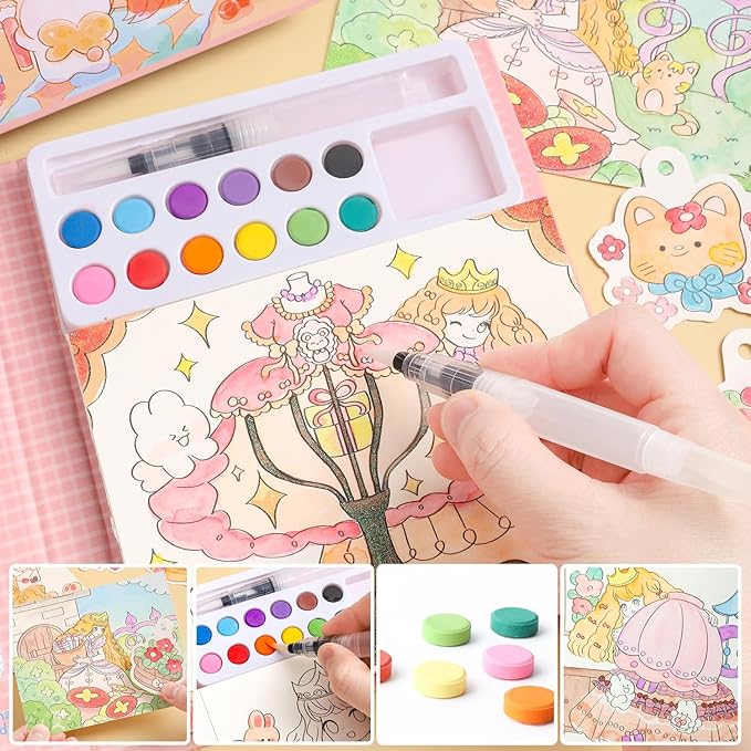 Cartoon Theme Watercolor Colouring Book for Kids -12 Colours Solid with Brush & DIY Coloring Sheets – Art & Craft Activity Book for Boys & Girls, Pack of 1