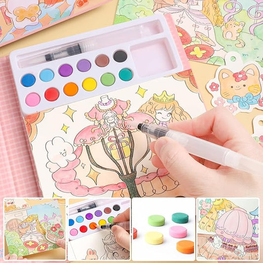 Cartoon Theme Watercolor Colouring Book for Kids -12 Colours Solid with Brush & DIY Coloring Sheets – Art & Craft Activity Book for Boys & Girls, Pack of 1