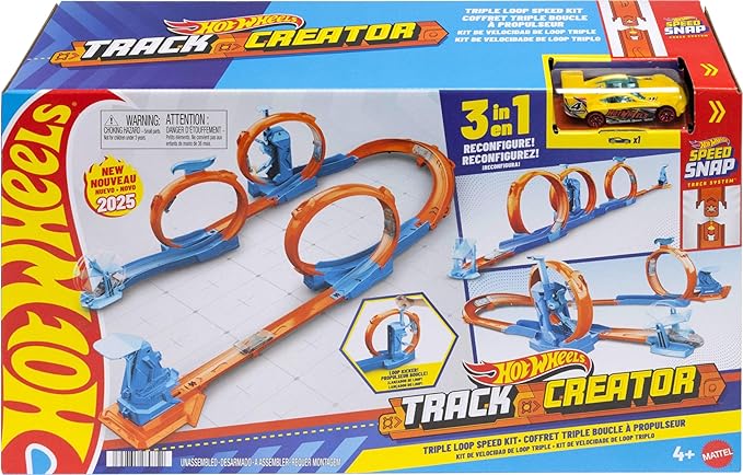 Hot Wheels Toy Car Track Set, Triple Loop Pack & 1:64 Scale Vehicle, Track-Building Components with 3 Loops, Speed Snap Tracks & Adapters