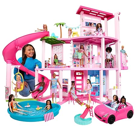 Barbie Dreamhouse, Pool Party Doll House with 75+ Pieces and 3-Story Slide, Pet Elevator and Puppy Play Area