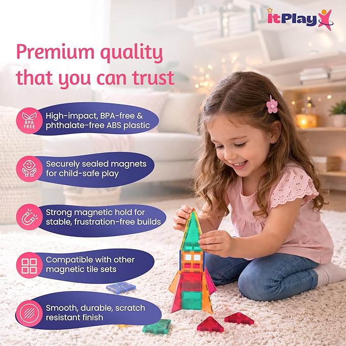ITPlay Magnetic Tiles 34 Pcs Building Set for Kids | STEM & STEAM Learning Toy | Strong Magnetic Tiles | 2D & 3D Construction Shapes | Safe BPA-Free Educational Toys | Creative Play Set | Age 3+