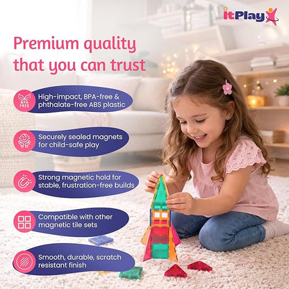 ITPlay Magnetic Tiles 34 Pcs Building Set for Kids | STEM & STEAM Learning Toy | Strong Magnetic Tiles | 2D & 3D Construction Shapes | Safe BPA-Free Educational Toys | Creative Play Set | Age 3+