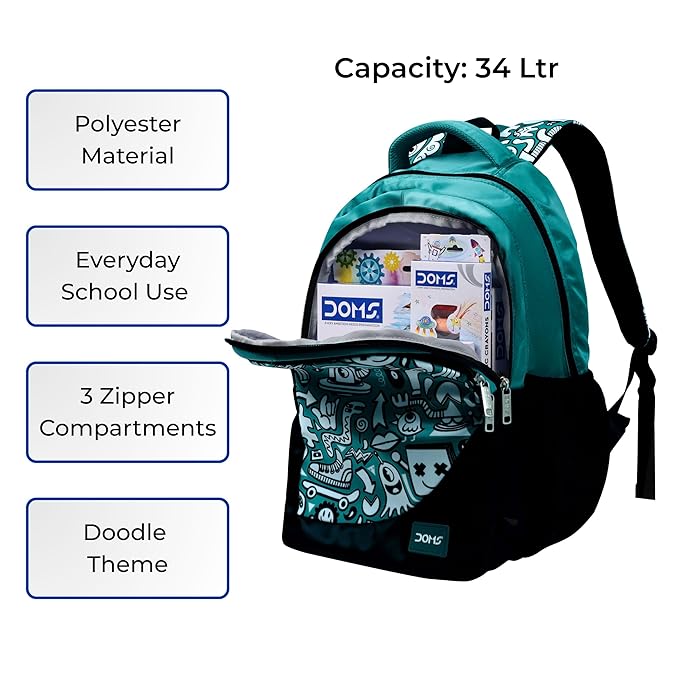 DOMS Waterproof Doodle Print School Bag for Kids & Teens – Stylish Cartoon Design