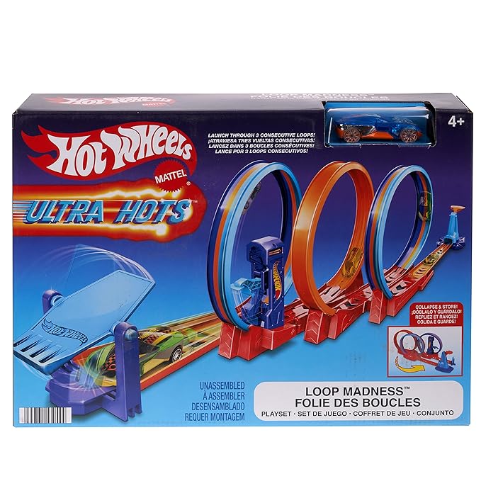 Hot Wheels Track Set, Ultra Hots Loop Madness with 3 Loops and 1 Hot Wheels Car in 1:64 Scale, Connects to Other Sets, Collapses for Easy Toy Storage