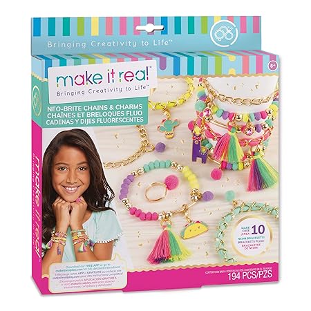 Make It Real Neo-Brite Chains&Charms Kit|Create 10 Unique Cord&Tassel Charm Bracelets,195 Pieces,Includes Play Tray|DIY Playful Charm&Jewelry Kit|Arts&Crafts,Girls Ages 8+|Made in India,Multicolor
