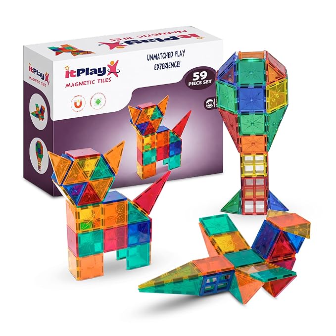 ITPlay Magnetic Tiles 59 Pcs Building Set for Kids | STEM & STEAM Learning Toy | Strong Magnetic Tiles | 2D & 3D Construction Shapes | Safe BPA-Free Educational Toys | Creative Play Set | Age 3+