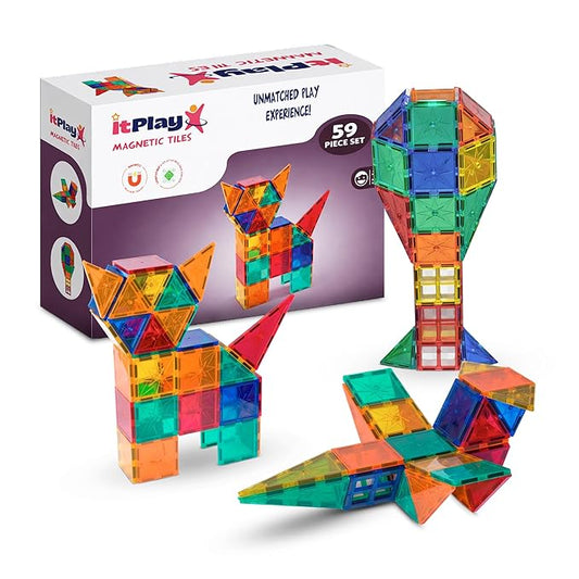 ITPlay Magnetic Tiles 59 Pcs Building Set for Kids | STEM & STEAM Learning Toy | Strong Magnetic Tiles | 2D & 3D Construction Shapes | Safe BPA-Free Educational Toys | Creative Play Set | Age 3+
