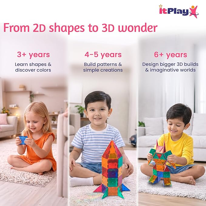 ITPlay Magnetic Tiles 68 Pcs Building Set for Kids | STEM & STEAM Learning Toy | Strong Magnetic Tiles | 2D & 3D Construction Shapes | Safe BPA-Free Educational Toys | Creative Play Set | Age 3+