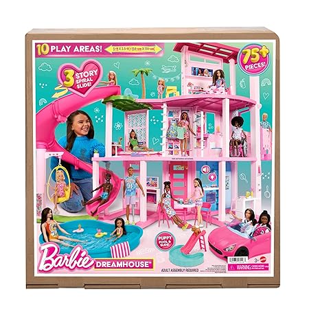 Barbie Dreamhouse, Pool Party Doll House with 75+ Pieces and 3-Story Slide, Pet Elevator and Puppy Play Area