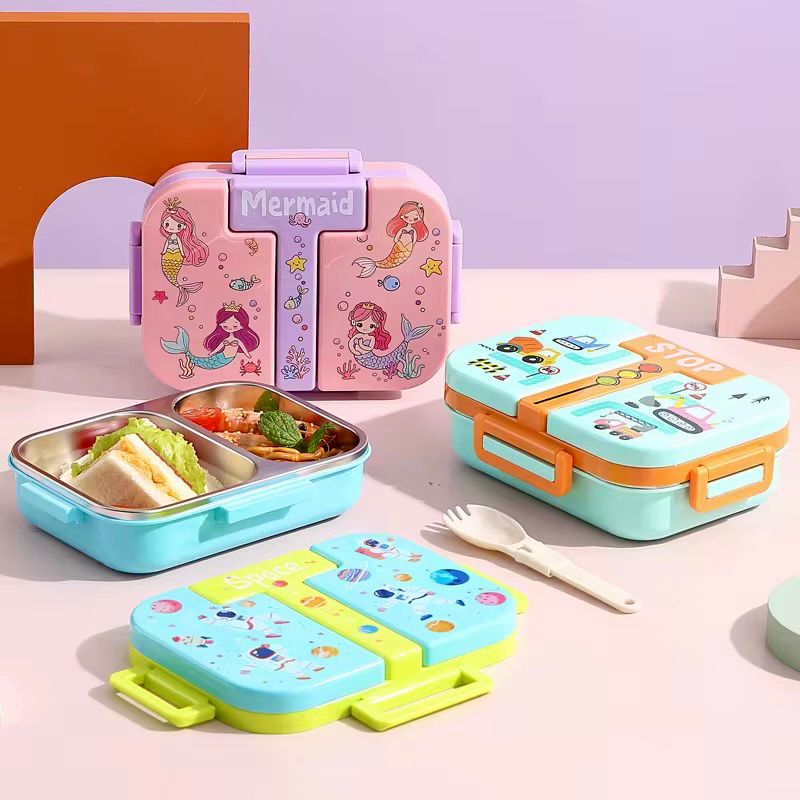 Cartoon Kids Tiffin Box- 2 Partition Lunch Box- 600ML Stainless Steel