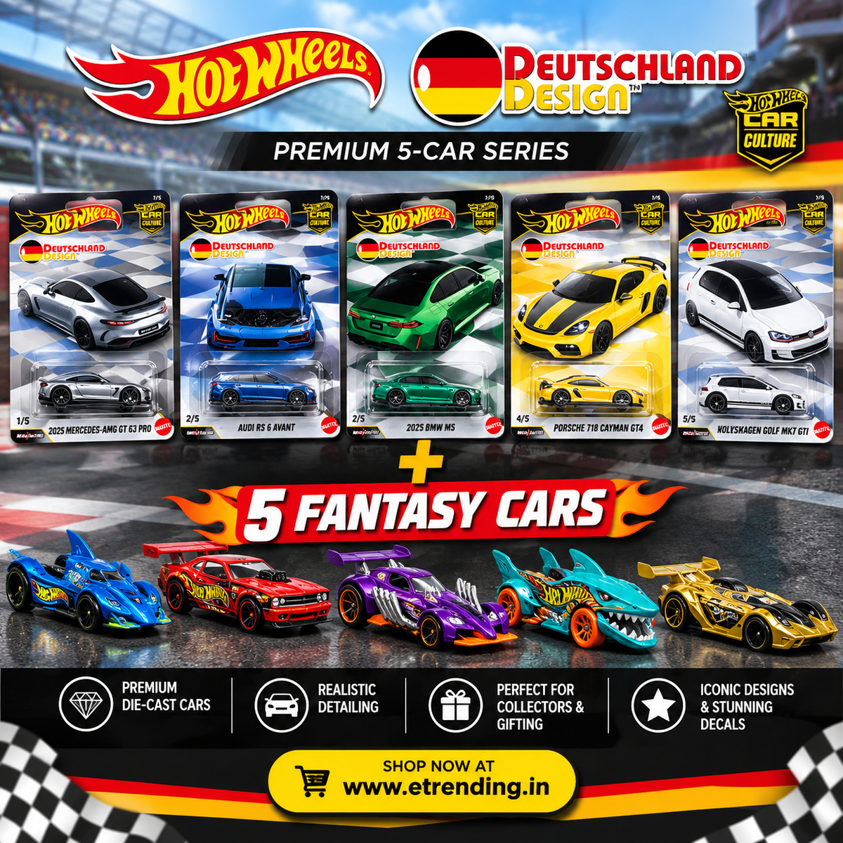 Hotwheels Premium- Deutschland Design- Set of 5 cars and and Random 5 Fantasy Cars- FYP86