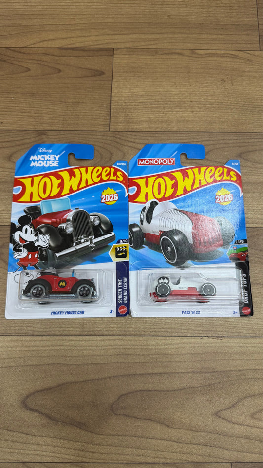MICKEY MOUSE CAR and PASS N GO WHITE- SINGLE HOTWHEELS