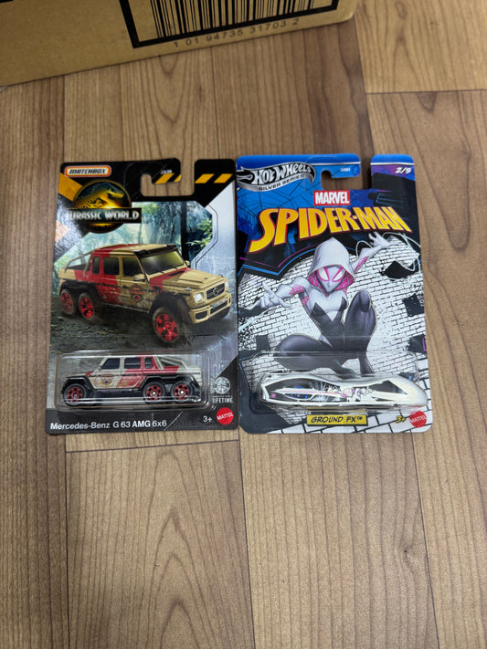 MATCHBOX JURASSIC WORLD MERCEDES BENZ G 63 AMG 6 X 6 AND SPIDERMAN SERIES-GROUND FX