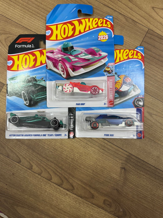 SINGLE HOTWHEELS CAR- ASTON MARTINI ARAMCO FORMULA ONE TEAM AND PUNK ROD AND MAD DRIP