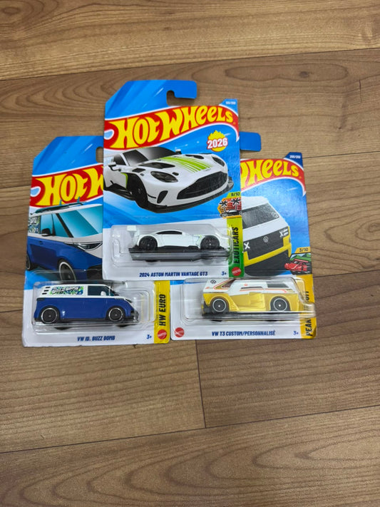 2024 ASTON MARTIN VANTAGE GT3 AND VW ID BUZZ BOMB AND VW T3 CUSTOM PERSONALISEE- YELLOW: SINGLE HOT WHEELS CARS