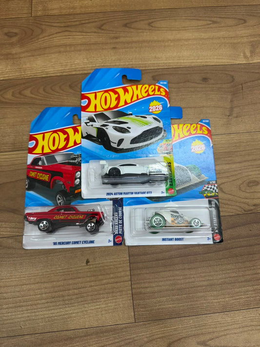2024 ASTON MARTIN VANTAGE GT3 AND INSTANT BOOST- GREEN AND 65 MERCURY COMET CYCLONE: SINGLE HOT WHEELS CARS